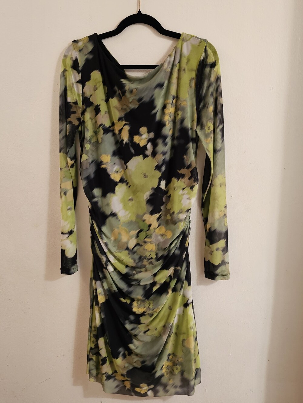 DKNY Long Sleeve Floral Draped Bodycon Dress in Green and Black And White